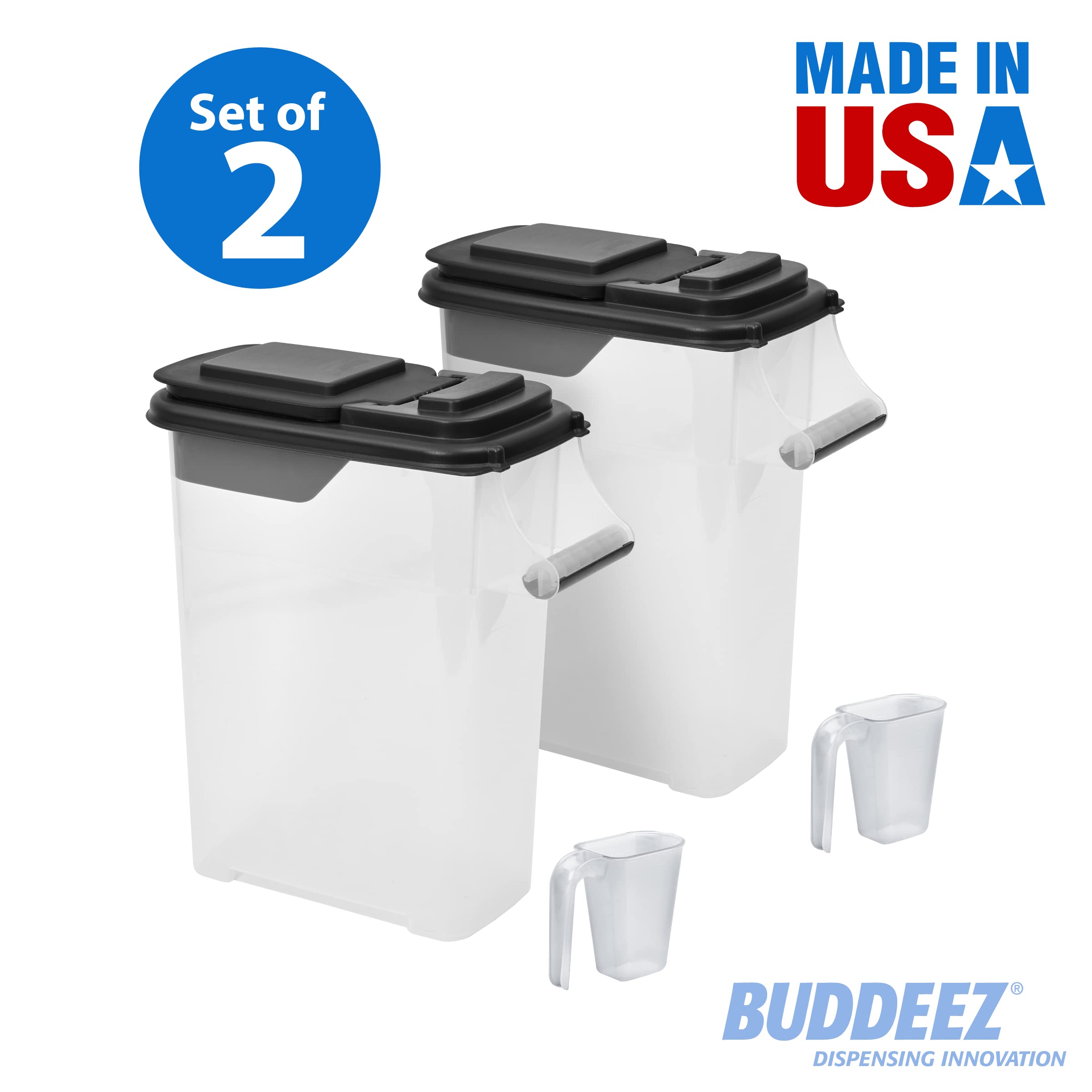 Buddeez Pet Food Storage Containers - Capacity Dog Food Storage Container, Cat Food Container, Bird Seed Storage Container, with Durable EZ Grip Handle, EZ Flip Lid & Scoop (2 Pack) 16 QT/16 LB