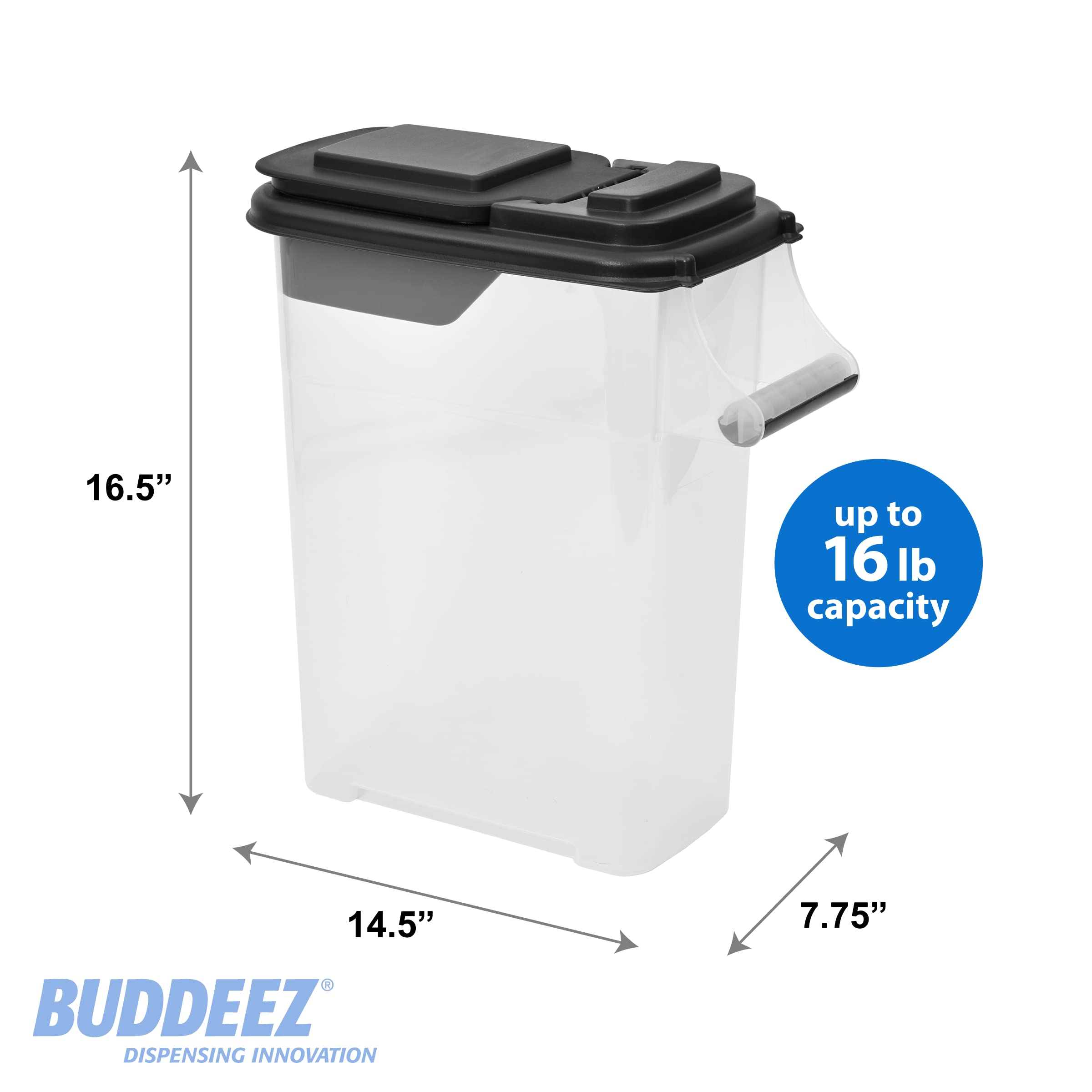 Buddeez Pet Food Storage Containers - Capacity Dog Food Storage Container, Cat Food Container, Bird Seed Storage Container, with Durable EZ Grip Handle, EZ Flip Lid & Scoop (2 Pack) 16 QT/16 LB