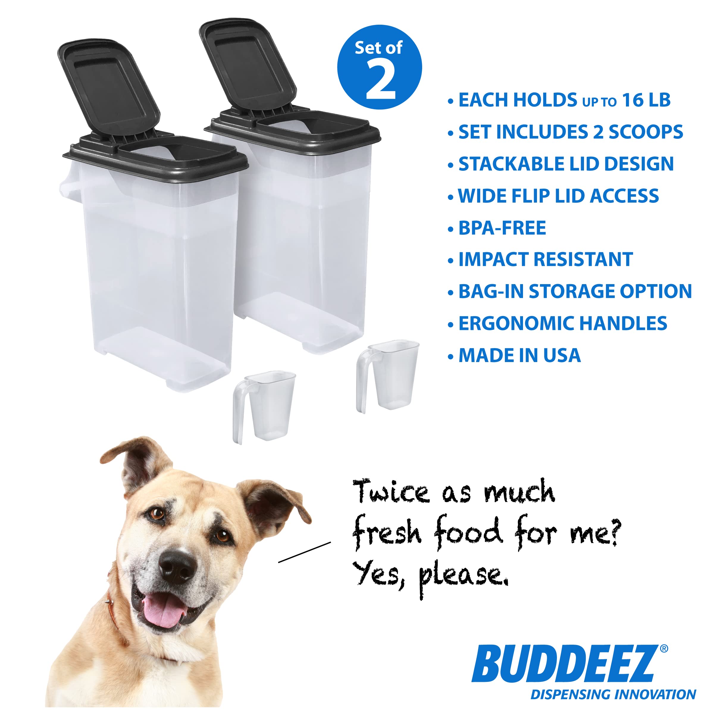 Buddeez Pet Food Storage Containers - Capacity Dog Food Storage Container, Cat Food Container, Bird Seed Storage Container, with Durable EZ Grip Handle, EZ Flip Lid & Scoop (2 Pack) 16 QT/16 LB