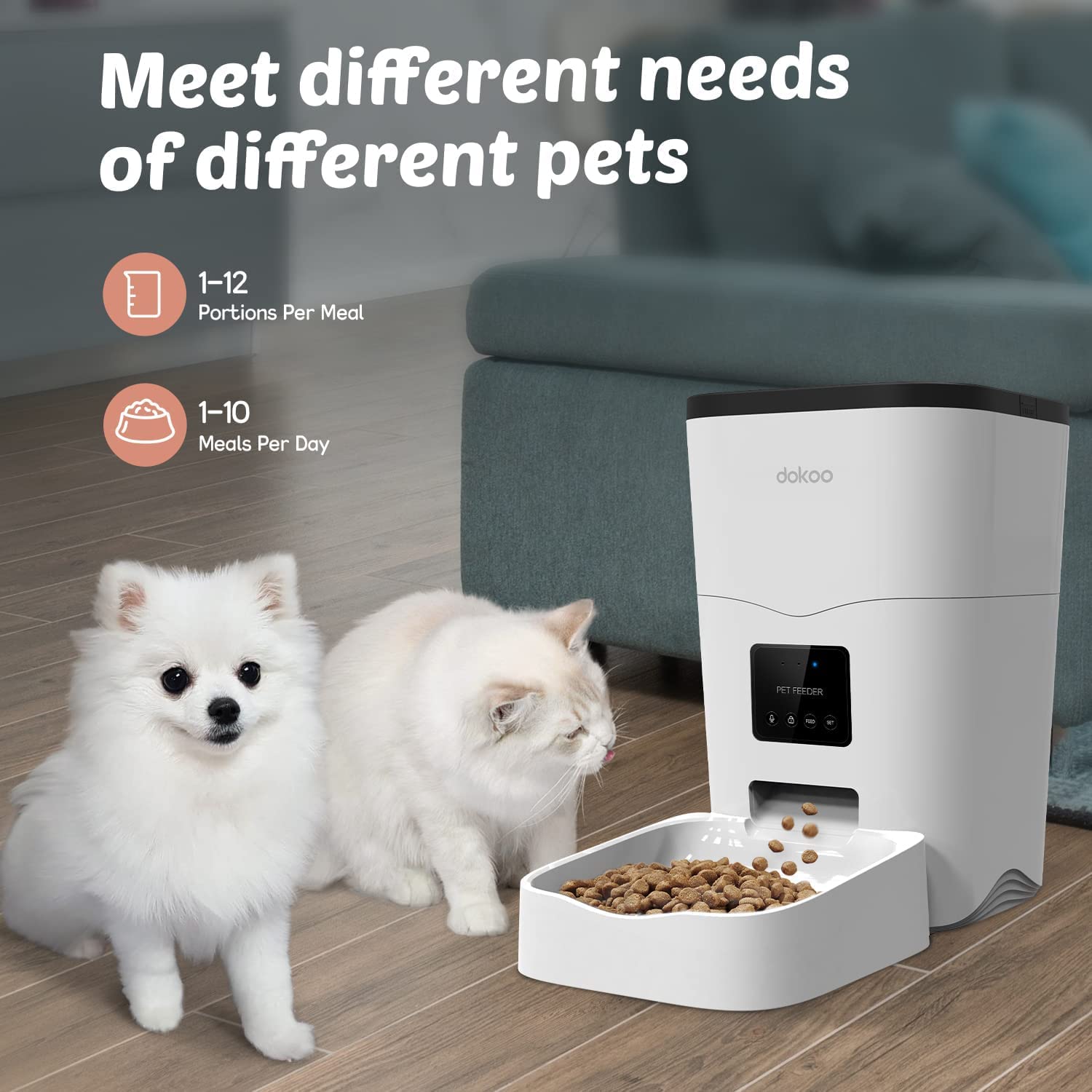 Dokoo Automatic Cat Feeders, App Control Smart Pet Food Dispenser with Portion Control&Timer Setting, Auto Dog Feeder 1-10 Meals, Voice Record, Small & Medium Pets,2.4G Wi-Fi ONLY, 3L/13cup (White)