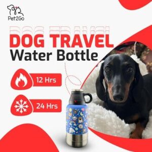 PET2GO Dog Travel Water Bottle (32oz) with Treat Holder & Detachable Bowls | Insulated, Portable Stainless Steel Water Dispenser for Pets | Dog Walking Accessory | Outdoor Dog Beach Gear (Blue)