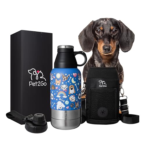 PET2GO Dog Travel Water Bottle (32oz) with Treat Holder & Detachable Bowls | Insulated, Portable Stainless Steel Water Dispenser for Pets | Dog Walking Accessory | Outdoor Dog Beach Gear (Blue)