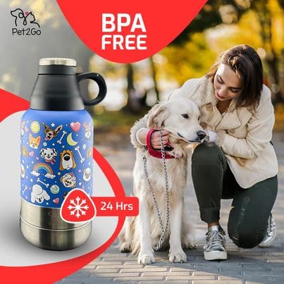 PET2GO Dog Travel Water Bottle (32oz) with Treat Holder & Detachable Bowls | Insulated, Portable Stainless Steel Water Dispenser for Pets | Dog Walking Accessory | Outdoor Dog Beach Gear (Blue)