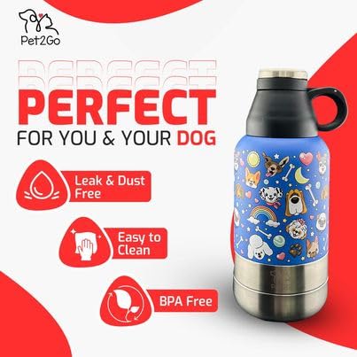 PET2GO Dog Travel Water Bottle (32oz) with Treat Holder & Detachable Bowls | Insulated, Portable Stainless Steel Water Dispenser for Pets | Dog Walking Accessory | Outdoor Dog Beach Gear (Blue)