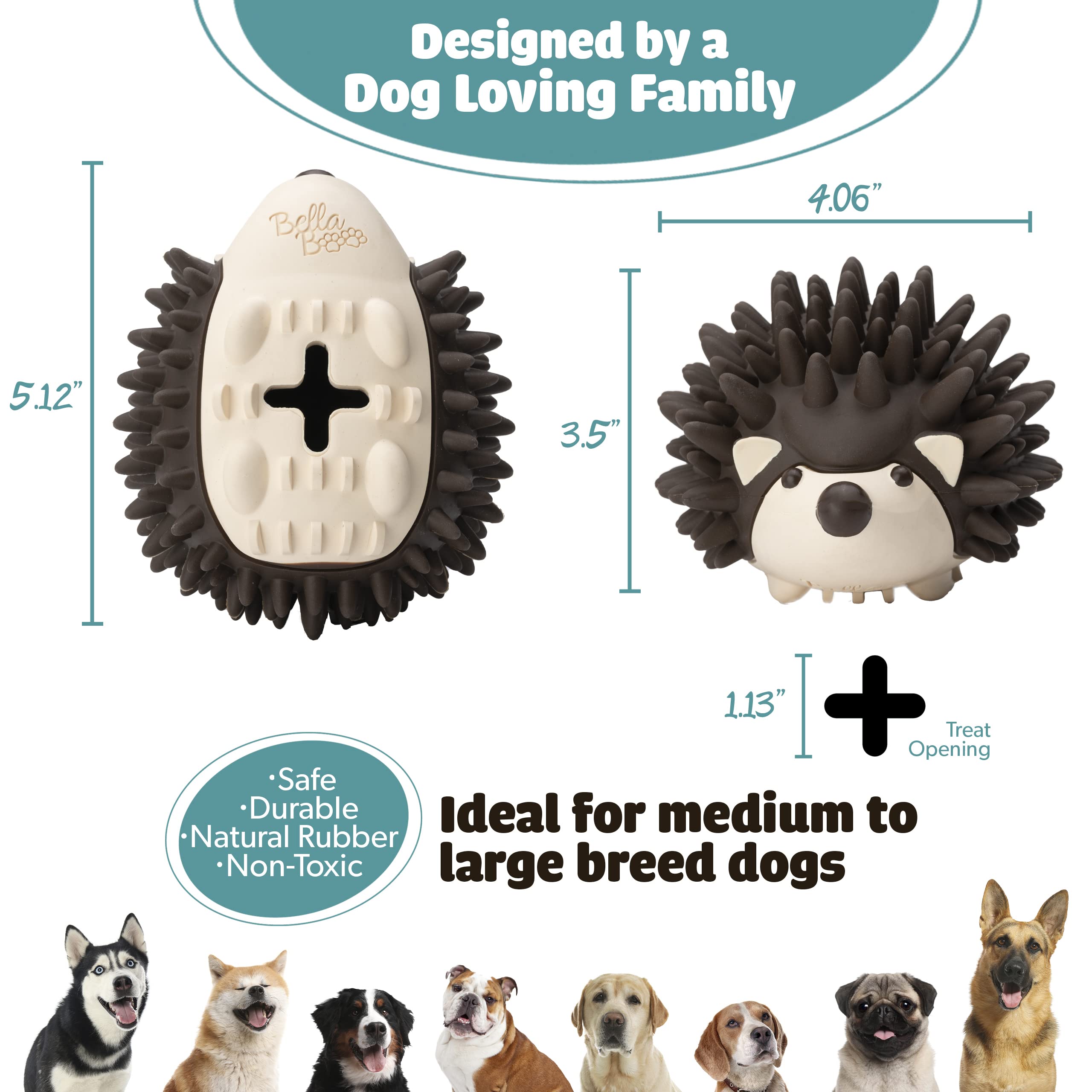 Bella Boo Pets Interactive Dog Toy for Strong Chewers - Freddy The Hedgehog All-in-One Treat Ball + Food Dispensing Slow Feeder Dog IQ Puzzle + Dental Chew Toy for Medium and Large Breed Dogs (Brown)