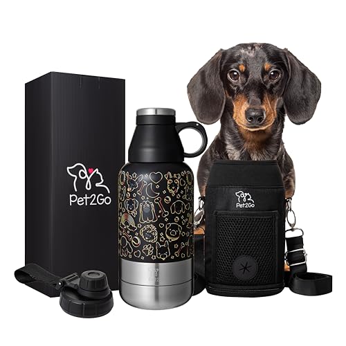 PET2GO Dog Travel Water Bottle 32 oz. with Treat Holder & Detachable Bowls | Insulated, Portable Stainless Steel Water Dispenser for Pets | Dog Walking Accessory | Outdoor Dog Beach Gear (Gold)