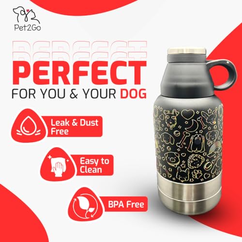 PET2GO Dog Travel Water Bottle 32 oz. with Treat Holder & Detachable Bowls | Insulated, Portable Stainless Steel Water Dispenser for Pets | Dog Walking Accessory | Outdoor Dog Beach Gear (Gold)