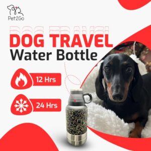 PET2GO Dog Travel Water Bottle 32 oz. with Treat Holder & Detachable Bowls | Insulated, Portable Stainless Steel Water Dispenser for Pets | Dog Walking Accessory | Outdoor Dog Beach Gear (Gold)