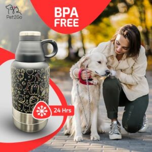 PET2GO Dog Travel Water Bottle 32 oz. with Treat Holder & Detachable Bowls | Insulated, Portable Stainless Steel Water Dispenser for Pets | Dog Walking Accessory | Outdoor Dog Beach Gear (Gold)