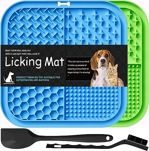 Lesipee Licking Mat for Dogs & Cats 2 Pack, Slow Feeder Lick Pat, Anxiety Relief Dog Toys Feeding Mat for Butter Yogurt Peanut, Pets Supplies Bathing Grooming Training Calming Mat (Blue&Green)