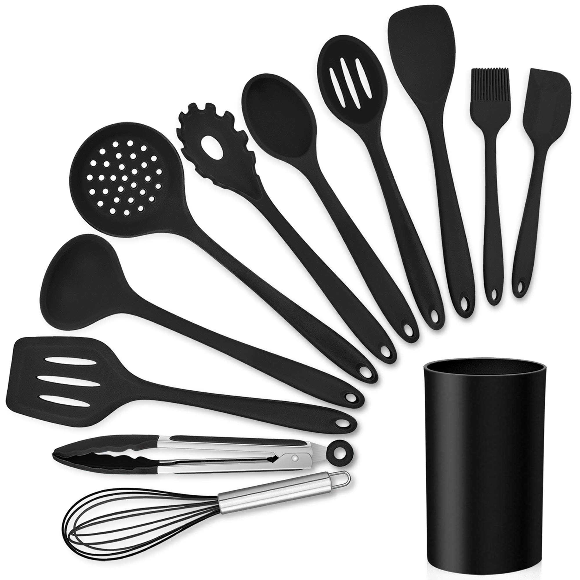 LIANYU 12-Piece Black Silicone Kitchen Cooking Utensils Set with Holder, Kitchen Tools Include Slotted Spatula Spoon Turner Ladle Tong Whisk, Dishwasher Safe