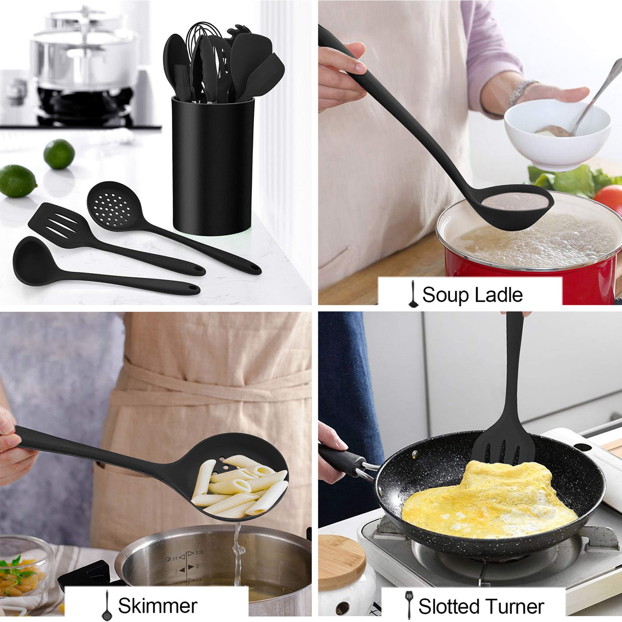 LIANYU 12-Piece Black Silicone Kitchen Cooking Utensils Set with Holder, Kitchen Tools Include Slotted Spatula Spoon Turner Ladle Tong Whisk, Dishwasher Safe