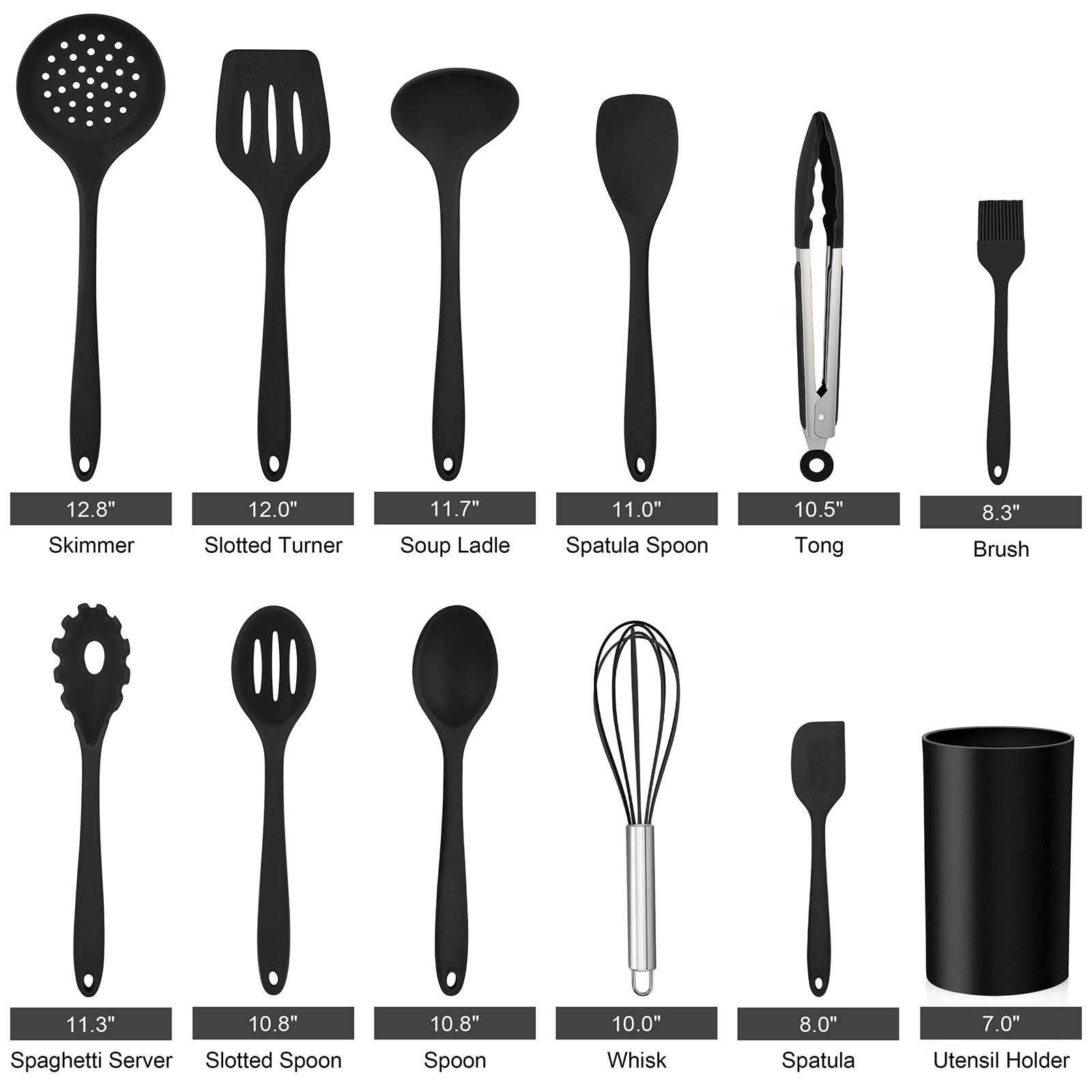 LIANYU 12-Piece Black Silicone Kitchen Cooking Utensils Set with Holder, Kitchen Tools Include Slotted Spatula Spoon Turner Ladle Tong Whisk, Dishwasher Safe