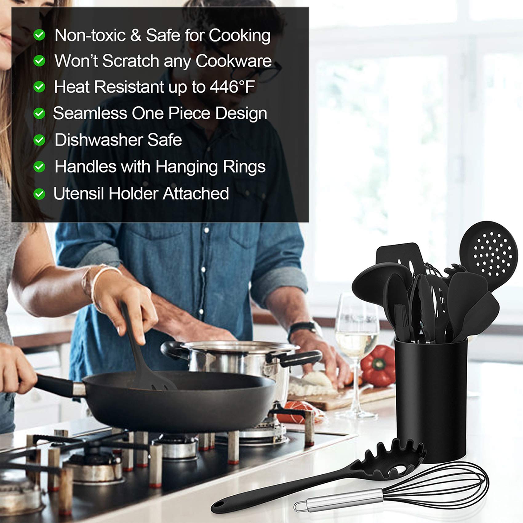 LIANYU 12-Piece Black Silicone Kitchen Cooking Utensils Set with Holder, Kitchen Tools Include Slotted Spatula Spoon Turner Ladle Tong Whisk, Dishwasher Safe