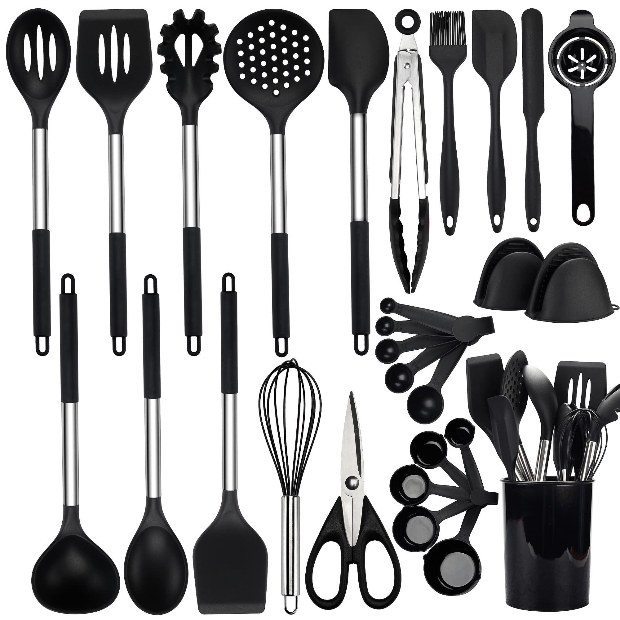 NCUE Cooking Utensils Set, 28 Pcs Silicone Kitchen Utensils Set with Holder, Silicone Whisk, Spatulas, Scissors, Measuring Cups and Spoons Set with Stainless Steel Handle Kitchen Gadgets (Black)