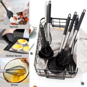 NCUE Cooking Utensils Set, 28 Pcs Silicone Kitchen Utensils Set with Holder, Silicone Whisk, Spatulas, Scissors, Measuring Cups and Spoons Set with Stainless Steel Handle Kitchen Gadgets (Black)