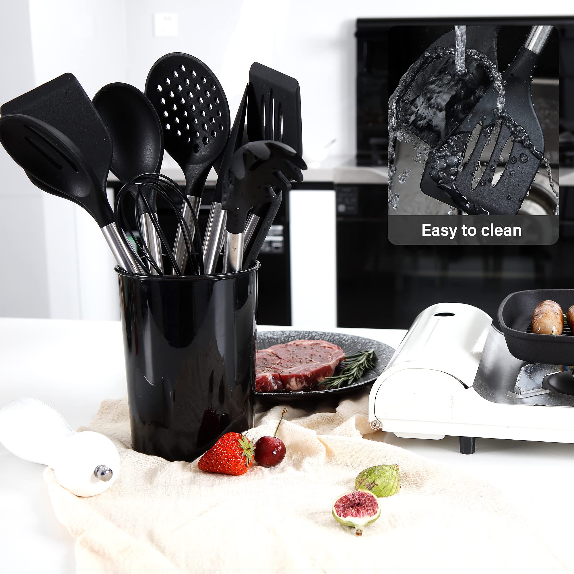 NCUE Cooking Utensils Set, 28 Pcs Silicone Kitchen Utensils Set with Holder, Silicone Whisk, Spatulas, Scissors, Measuring Cups and Spoons Set with Stainless Steel Handle Kitchen Gadgets (Black)