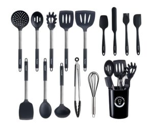 chef giant silicone kitchen utensil set | 15-piece stainless steel cooking tool kit with holder, spatula, ladle, pasta server, tongs, whisk & more | heat resistant, bpa free, dishwasher safe | black