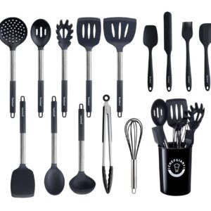 Chef Giant Silicone Kitchen Utensil Set | 15-Piece Stainless Steel Cooking Tool Kit with Holder, Spatula, Ladle, Pasta Server, Tongs, Whisk & More | Heat Resistant, BPA Free, Dishwasher Safe | Black