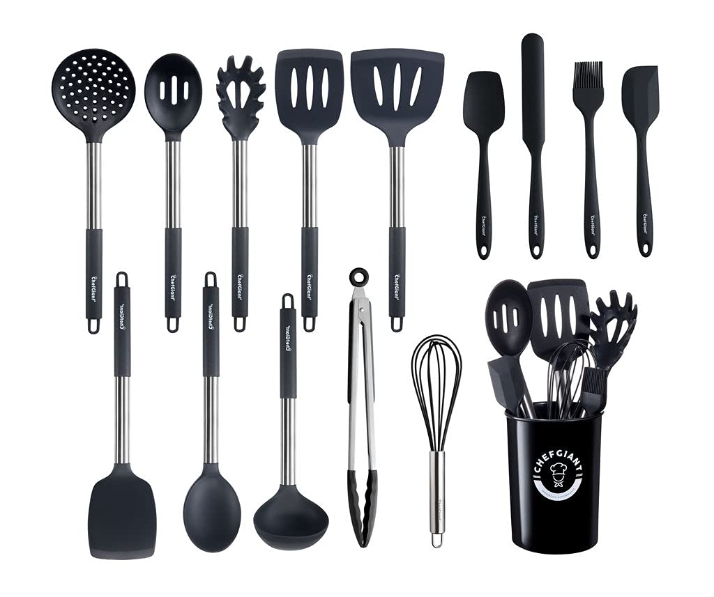 Chef Giant Silicone Kitchen Utensil Set | 15-Piece Stainless Steel Cooking Tool Kit with Holder, Spatula, Ladle, Pasta Server, Tongs, Whisk & More | Heat Resistant, BPA Free, Dishwasher Safe | Black