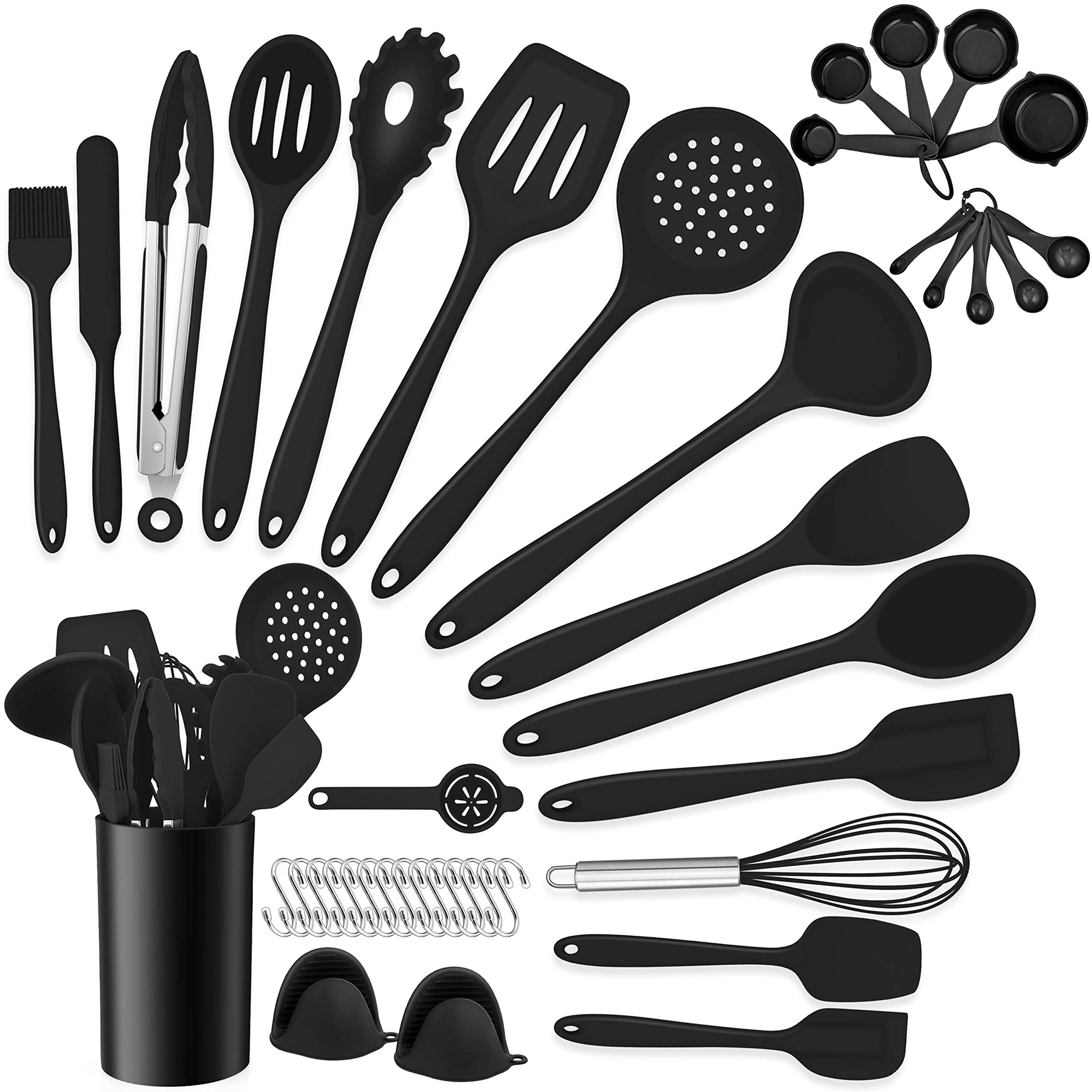 Homikit 42 Pieces Black Kitchen Cooking Utensils Set with Holder, Nonstick Silicone Utensil Spatula for Cooking, Heat Resistant Kitchen Tools Spoon Turner Whisk for Cookware, Dishwasher Safe