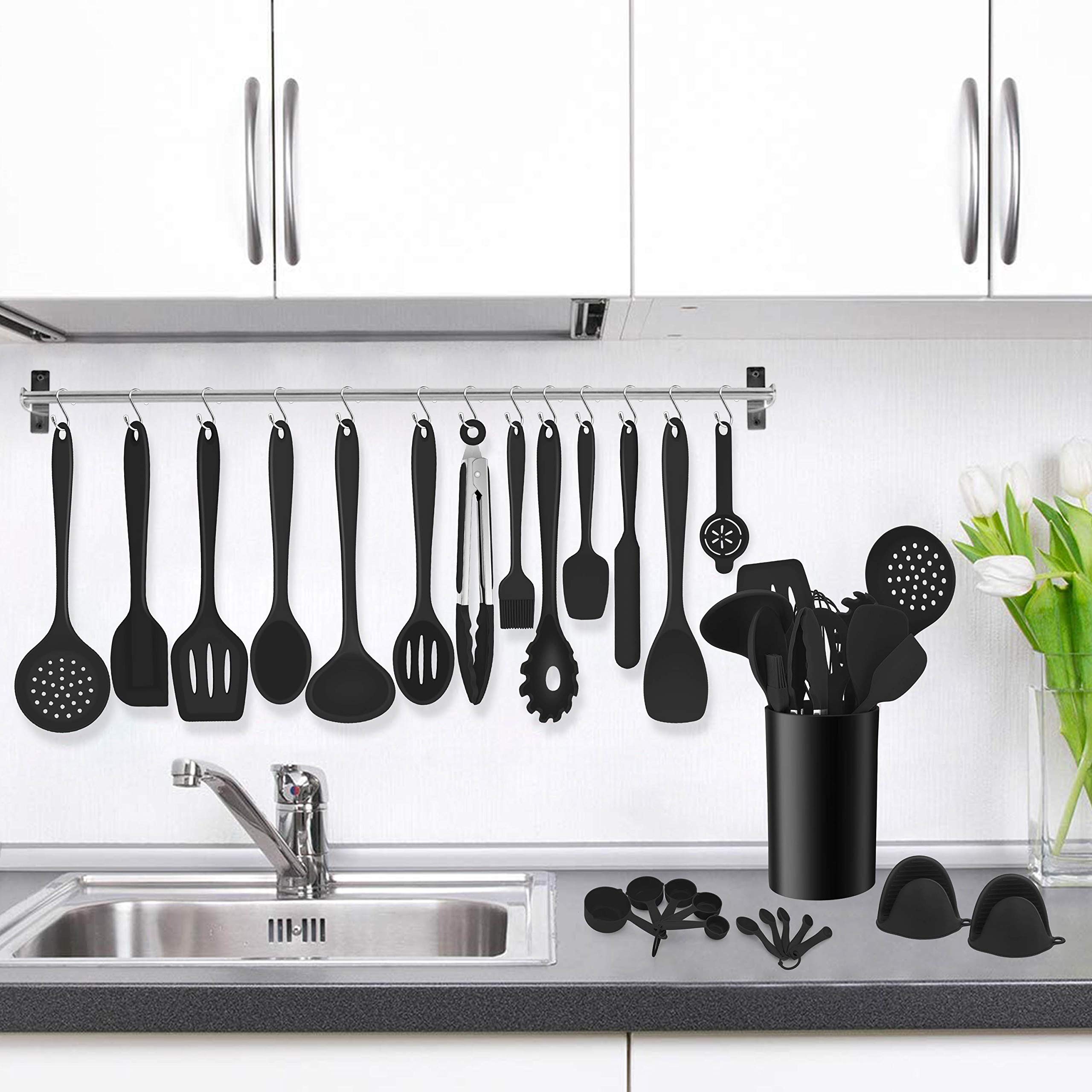 Homikit 42 Pieces Black Kitchen Cooking Utensils Set with Holder, Nonstick Silicone Utensil Spatula for Cooking, Heat Resistant Kitchen Tools Spoon Turner Whisk for Cookware, Dishwasher Safe