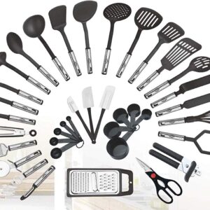 38-piece Kitchen Utensils Set Home Cooking Tools Gadgets Turners Tongs Spatulas Pizza Cutter Whisk Bottle Opener, Graters Peeler, Can Opener, Measuring Cups Spoons (Black)