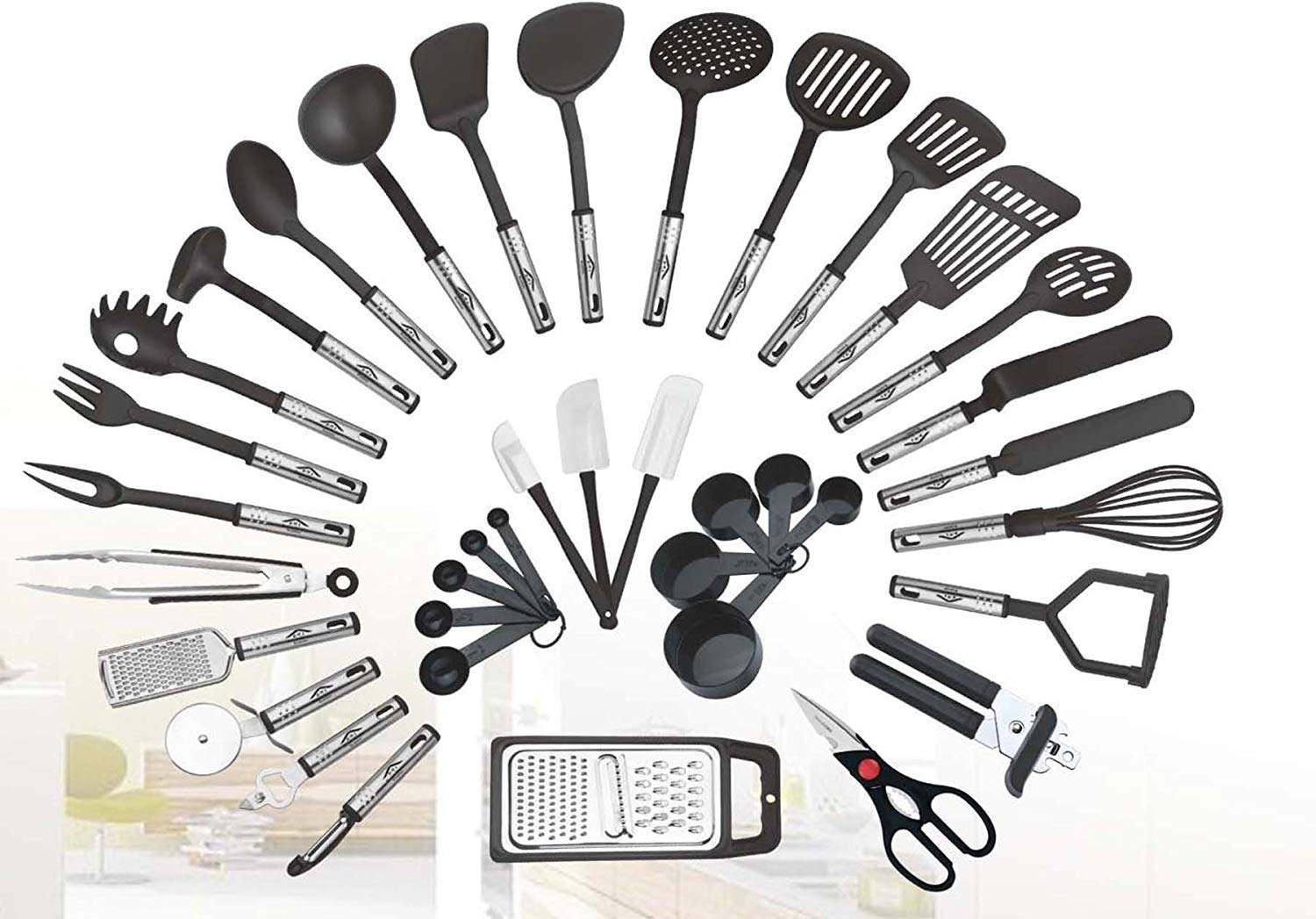 38-piece Kitchen Utensils Set Home Cooking Tools Gadgets Turners Tongs Spatulas Pizza Cutter Whisk Bottle Opener, Graters Peeler, Can Opener, Measuring Cups Spoons (Black)