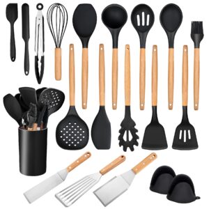 leonyo 20 pcs kitchen utensils set with holder, silicone cooking utensil set plus metal spatulas, kitchen gadgets tools with spatulas, turners, spoons, tongs, wooden handle, black