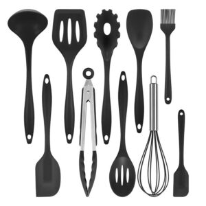 KUSCOR Kitchen Utensil Set, 10 Pieces Non-Stick Silicone Cooking Gadgets heat resistant Tools with Tongs Whisk Spatula Ladle,Black