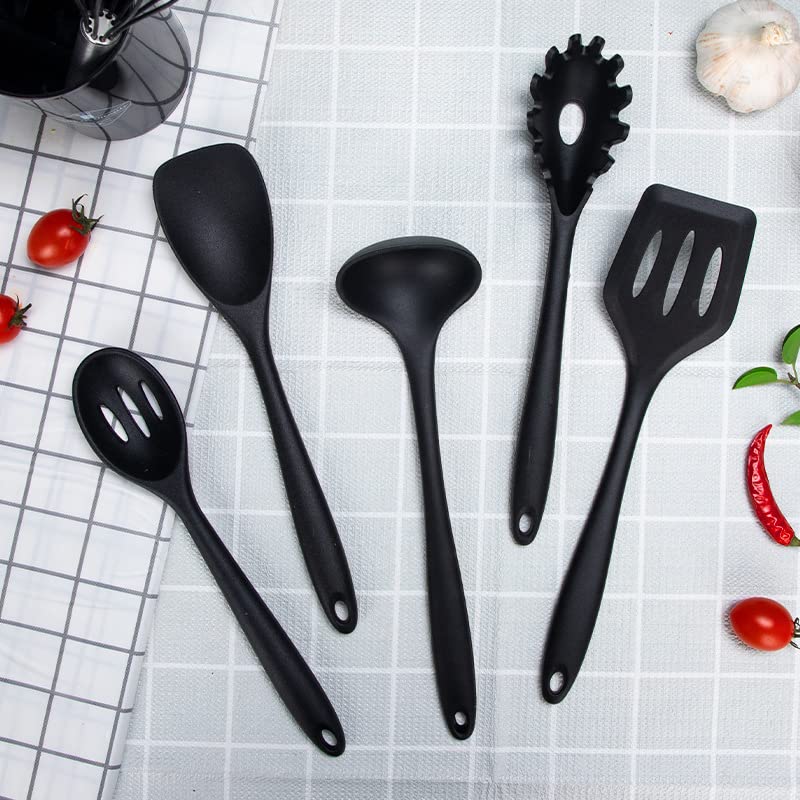 KUSCOR Kitchen Utensil Set, 10 Pieces Non-Stick Silicone Cooking Gadgets heat resistant Tools with Tongs Whisk Spatula Ladle,Black