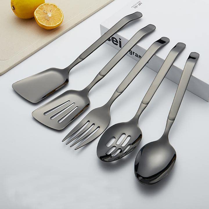 5 PCs Black Kitchen Utensils Set Slotted Spactula Wide Turner Serving Spoon Slotted Spoon Dinner Fork Cooking Tool Set