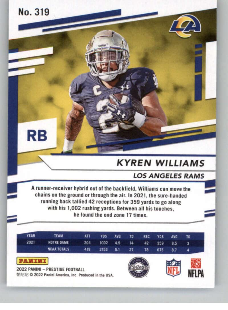 2022 Panini Prestige #319 Kyren Williams RC Rookie Los Angeles Rams NFL Football Trading Card