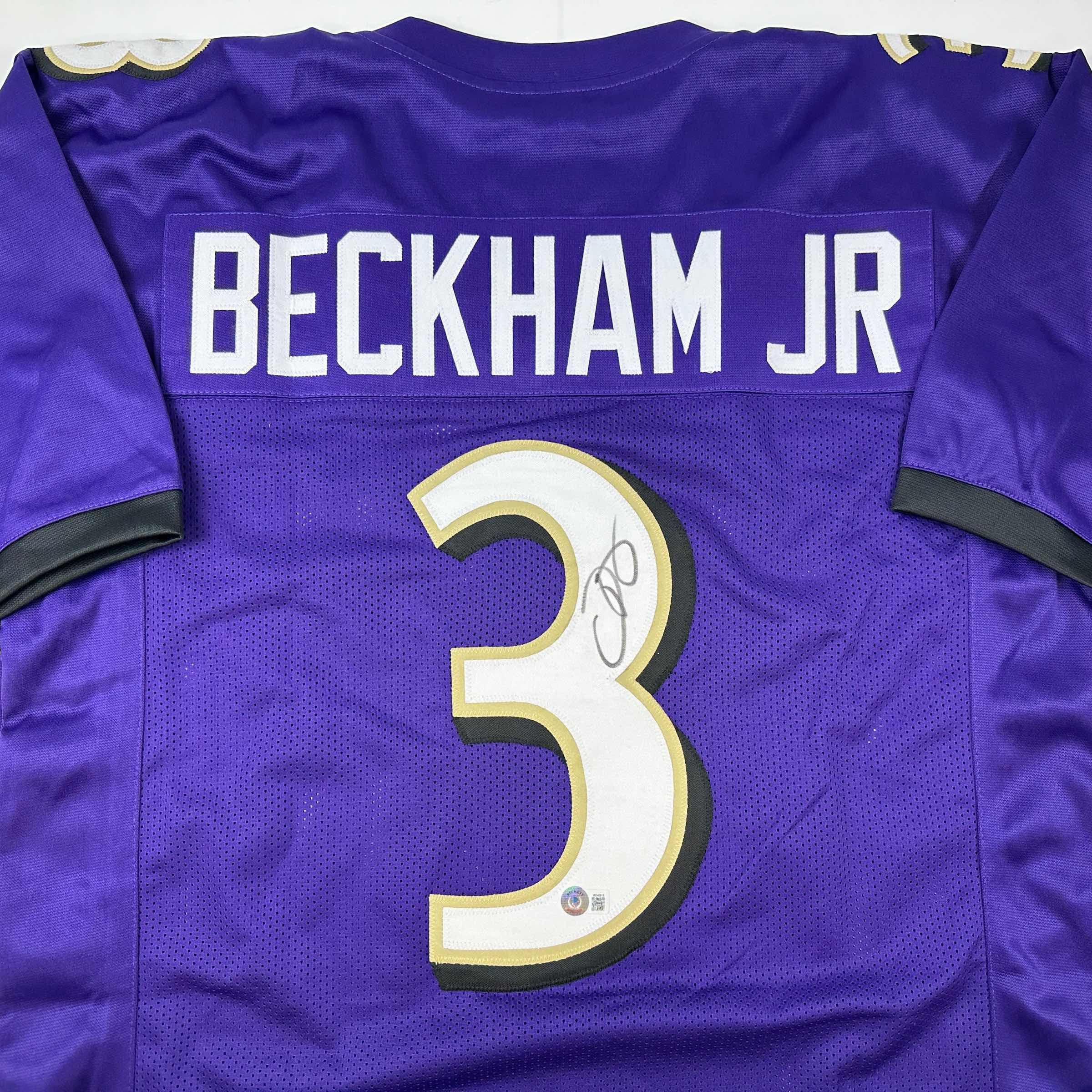 Autographed/Signed Odell Beckham Jr. Baltimore Purple Football Jersey Beckett BAS COA