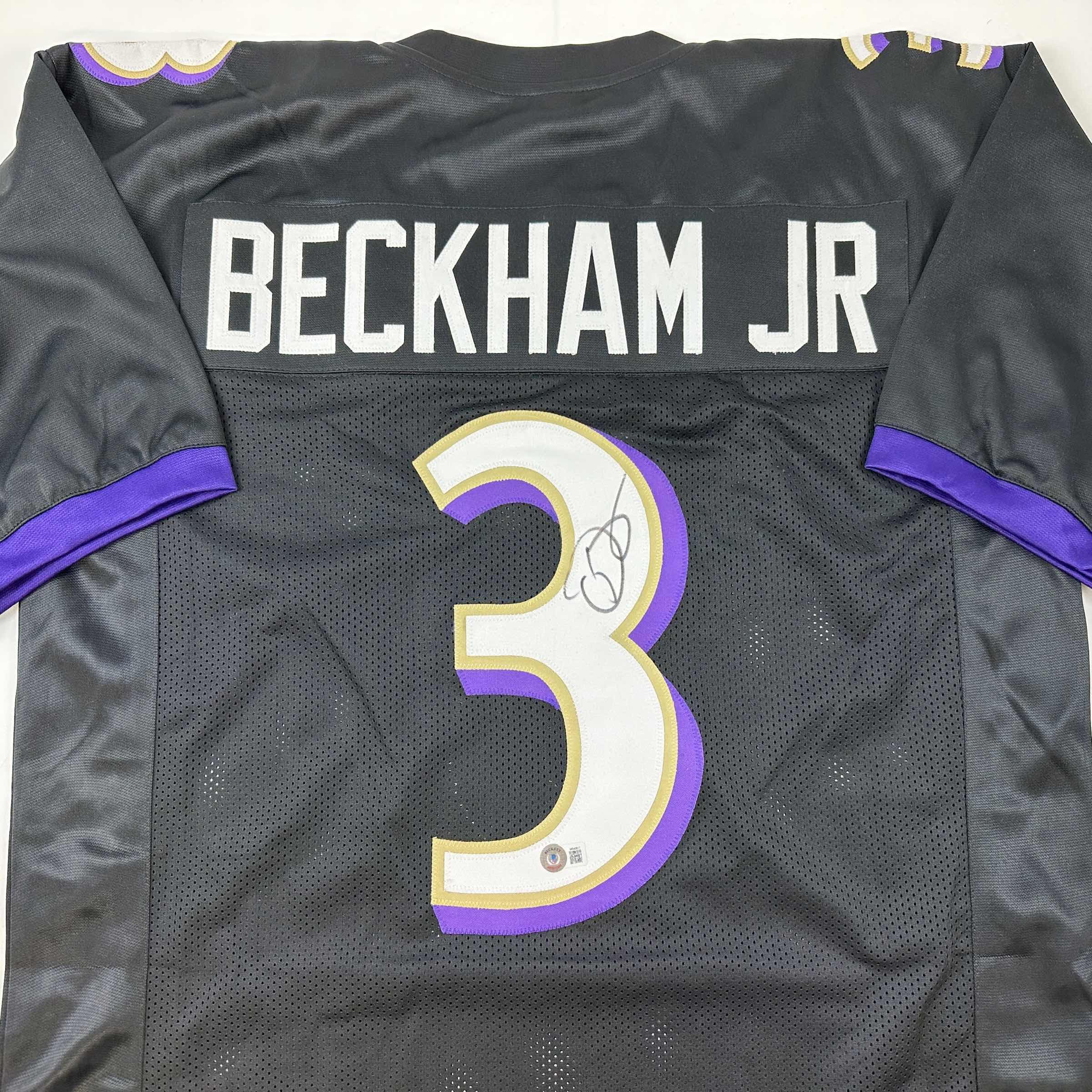 Autographed/Signed Odell Beckham Jr. Baltimore Black Football Jersey Beckett BAS COA