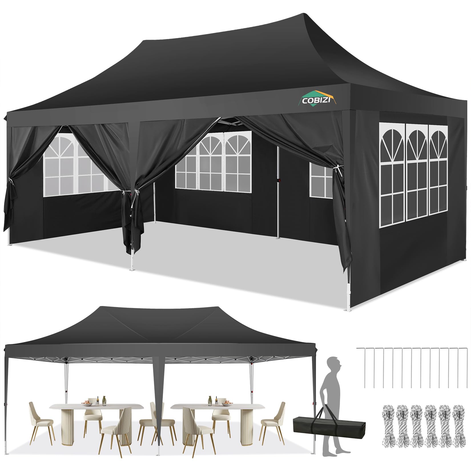 COBIZI 10x20 Canopy, Pop Up Canopy 10x20, Outdoor Wedding Party Tent, Commercial Tent, Waterproof Canopy Tent with 6 Sidewalls, All Season Outdoor Gazebos for Parties with Carry Bag, Event, Black