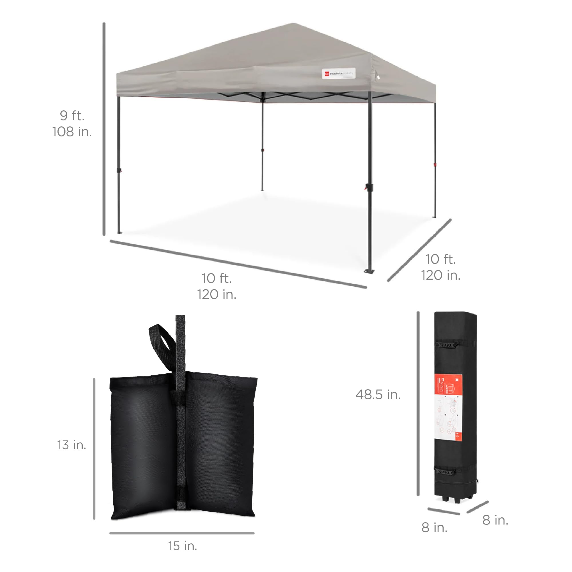 Best Choice Products 10x10ft 1-Person Setup Pop Up Canopy Tent Instant Portable Shelter w/ 1-Button Push, Case, 4 Weight Bags - Light Gray