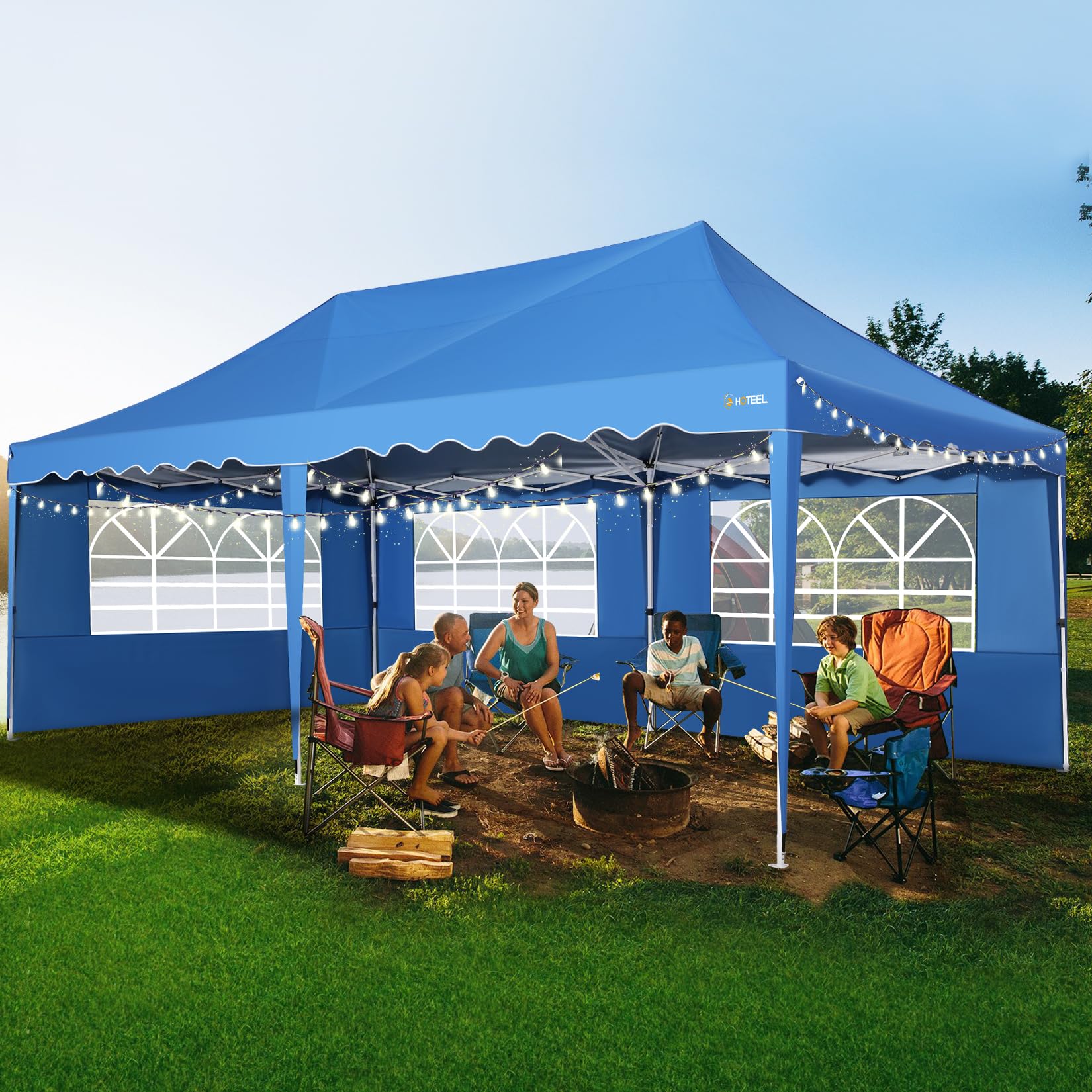 HOTEEL 10x20 Canopy Pop up Canopy with 6 Sidewalls, Easy Setup Canopy Tent Waterproof Tents for Parties with Wheeled Bag, 4 Weight Bag, UV50+ Outdoor Event Tent Vendor Tent, High Roof, Metal Leg, Blue