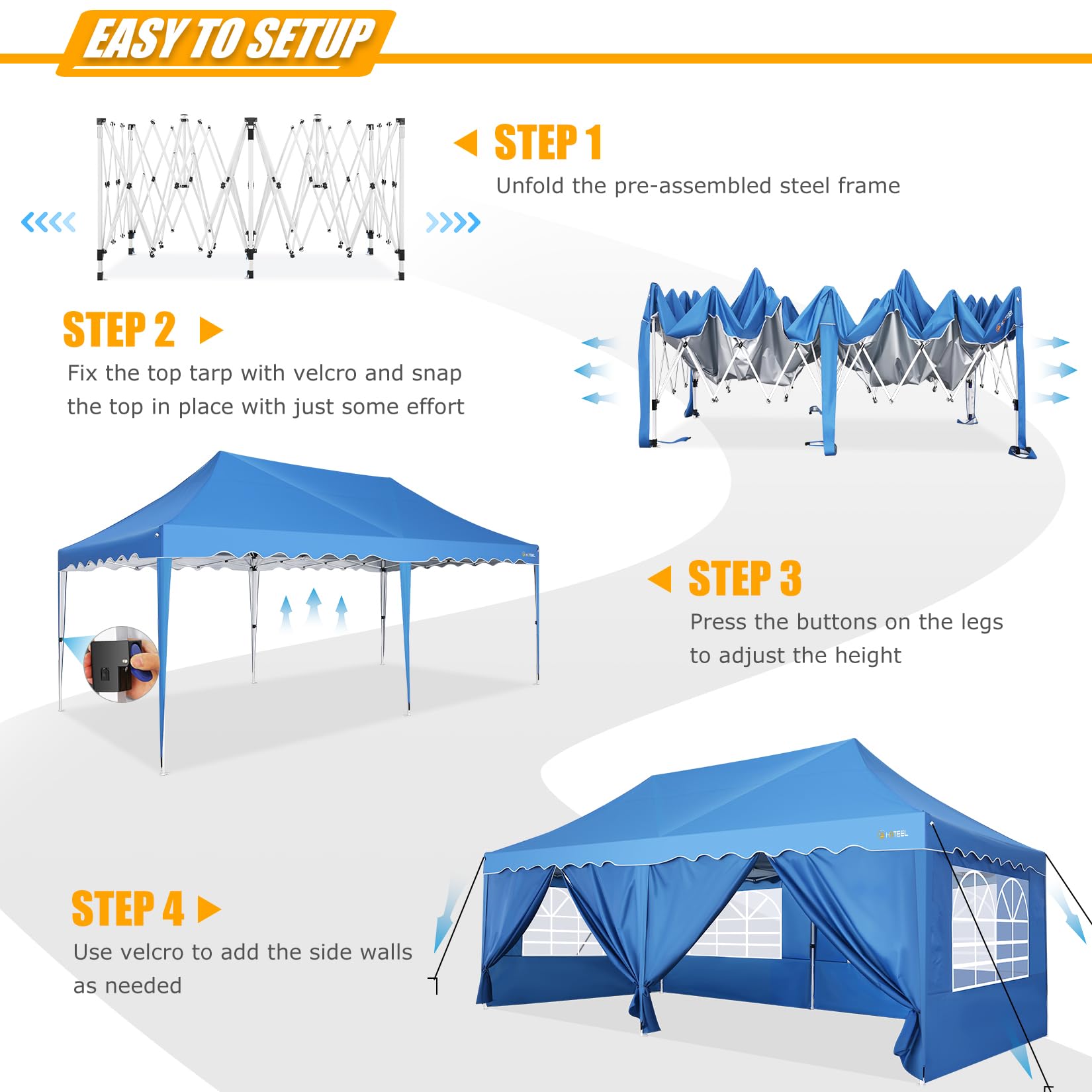 HOTEEL 10x20 Canopy Pop up Canopy with 6 Sidewalls, Easy Setup Canopy Tent Waterproof Tents for Parties with Wheeled Bag, 4 Weight Bag, UV50+ Outdoor Event Tent Vendor Tent, High Roof, Metal Leg, Blue