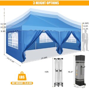 HOTEEL 10x20 Canopy Pop up Canopy with 6 Sidewalls, Easy Setup Canopy Tent Waterproof Tents for Parties with Wheeled Bag, 4 Weight Bag, UV50+ Outdoor Event Tent Vendor Tent, High Roof, Metal Leg, Blue