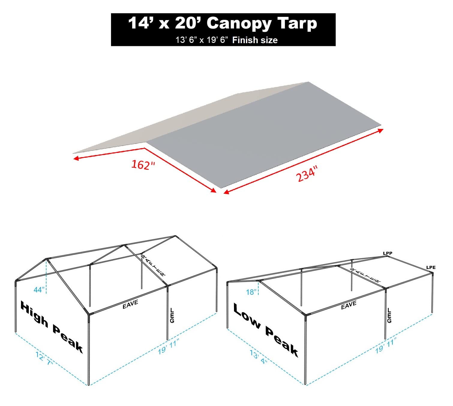 Carport Cover 14' x 20' Cut Size, 13'6" x 19'6" Finish Size Replacement Heavy Duty Canopy Tarp Tent Roof for Garage Shelter White and Silver, Only Cover (Silver 14x20)