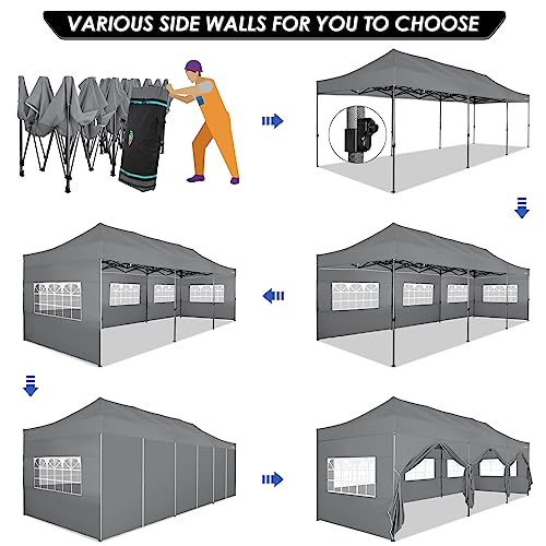 COBIZI 10x30 Pop up Canopy Tent 10x30 Canopy with Sidewalls, Heavy Duty Party Tent Tents for Parties, Foldable UPF 50+ Waterproof Commercial Easy up Canopy with Roller Bag, Grey(Windproof Upgraded)