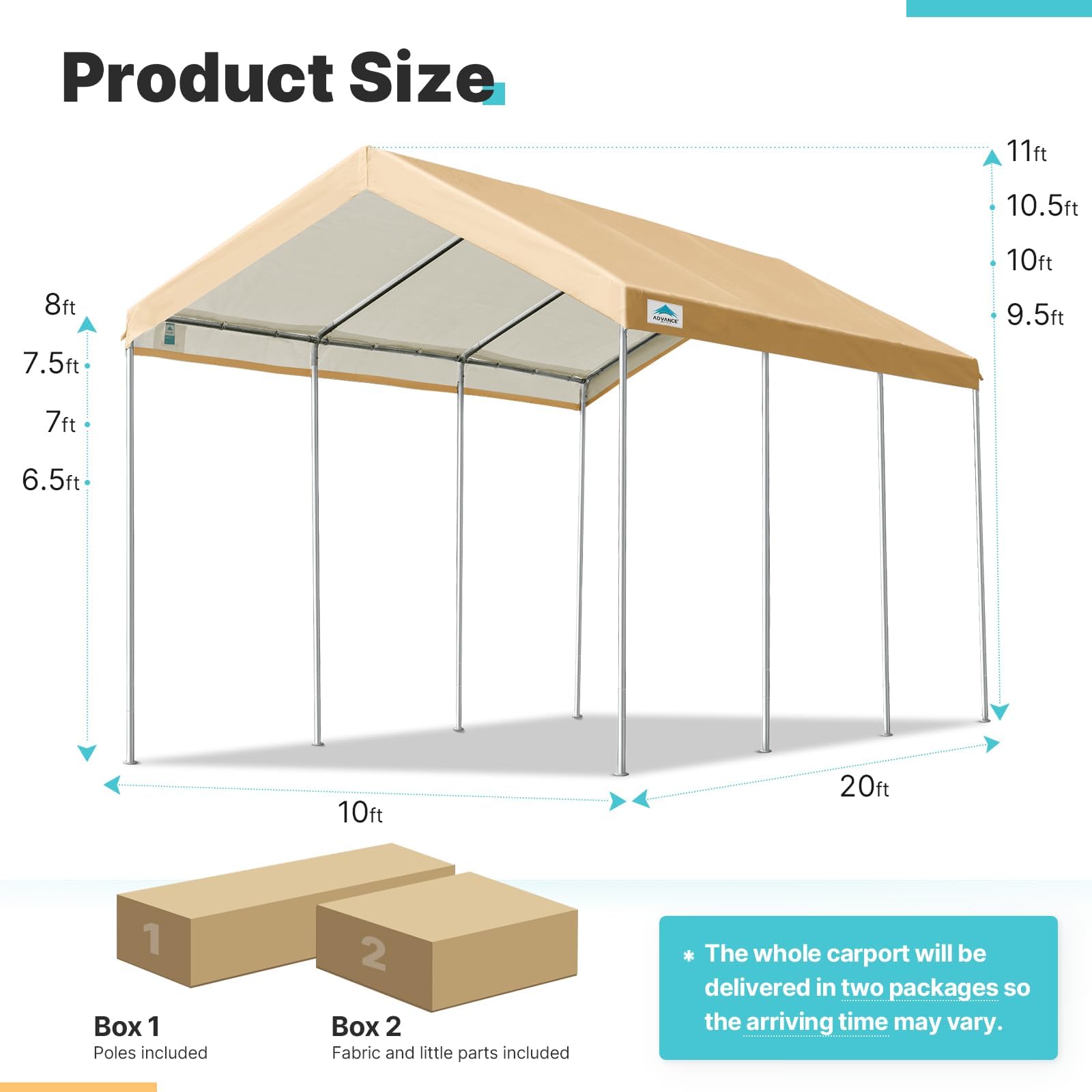 ADVANCE OUTDOOR Adjustable 10x20 ft Heavy Duty Carport Car Canopy Garage Boat Shelter Party Tent, Adjustable Peak Height from 9.5ft to 11ft, Beige