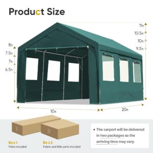 ADVANCE OUTDOOR 10x20 ft Heavy Duty Adjustable Carport with 6 Roll-up Ventilated Windows & Removable Sidewalls Car Canopy Garage Boat Shelter Party Tent, Peak Height from 9.5ft to 11ft, Green