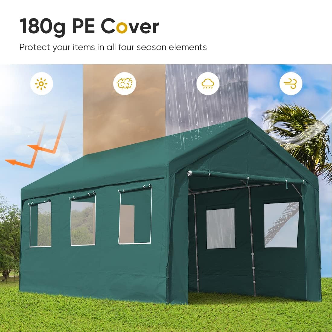 ADVANCE OUTDOOR 10x20 ft Heavy Duty Adjustable Carport with 6 Roll-up Ventilated Windows & Removable Sidewalls Car Canopy Garage Boat Shelter Party Tent, Peak Height from 9.5ft to 11ft, Green