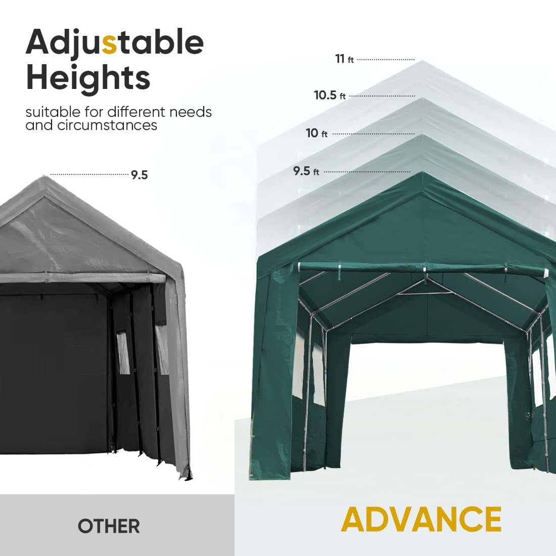 ADVANCE OUTDOOR 10x20 ft Heavy Duty Adjustable Carport with 6 Roll-up Ventilated Windows & Removable Sidewalls Car Canopy Garage Boat Shelter Party Tent, Peak Height from 9.5ft to 11ft, Green