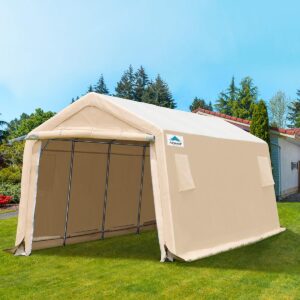 ADVANCE OUTDOOR 10X20 ft Carport Heavy Duty Outdoor Patio Anti-Snow Portable Canopy Storage Shelter Shed with 2 Rolled up Zipper Doors & Vents for Snowmobile Garden Tools, Beige