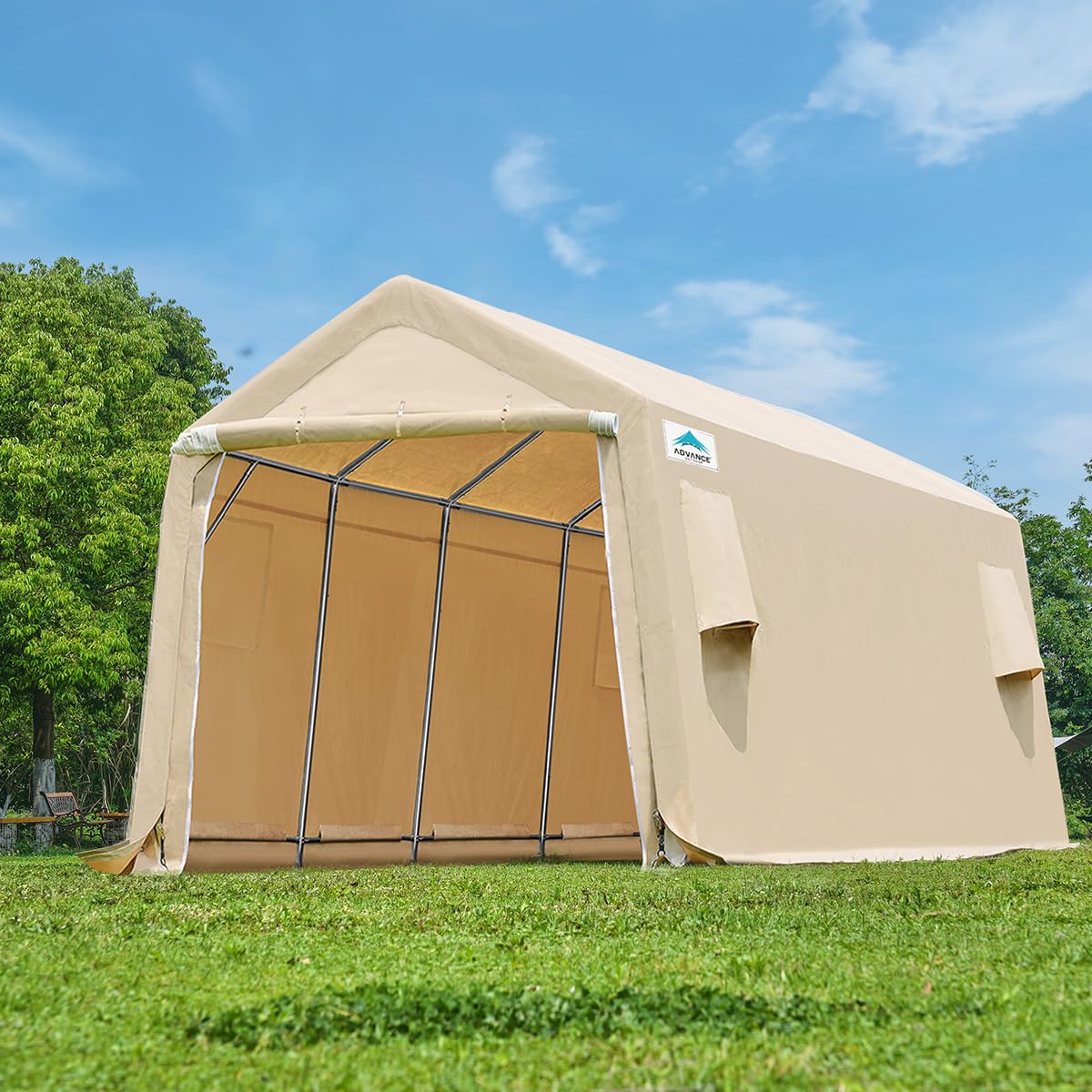 ADVANCE OUTDOOR 10X20 ft Carport Heavy Duty Outdoor Patio Anti-Snow Portable Canopy Storage Shelter Shed with 2 Rolled up Zipper Doors & Vents for Snowmobile Garden Tools, Beige