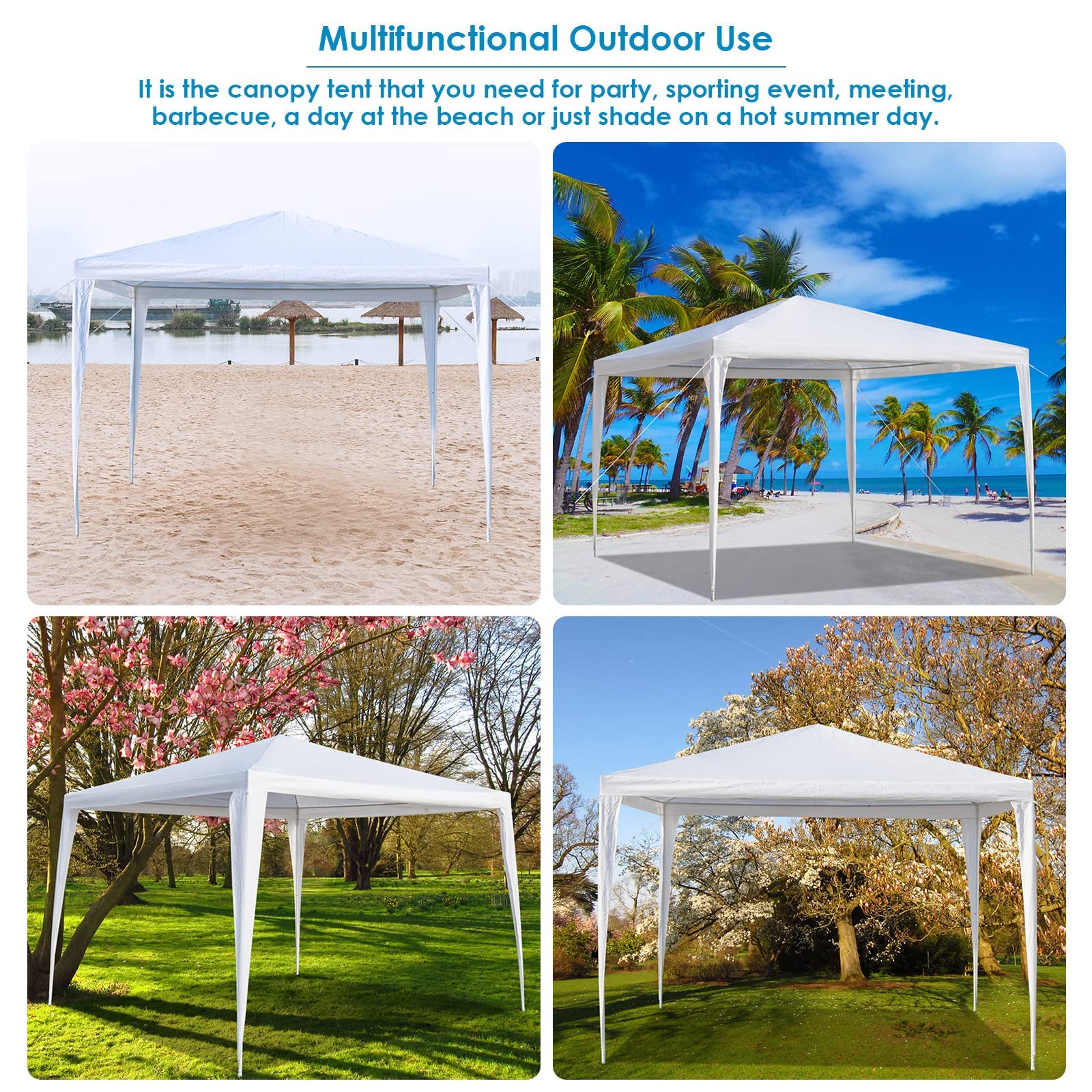 10'x10' Outdoor Party Tent, Backyard Canopy Tents for Parties, White Event Tent with Ground Nails and Ropes, Small Waterproof Tent for Wedding, Barbecue and Flea Market