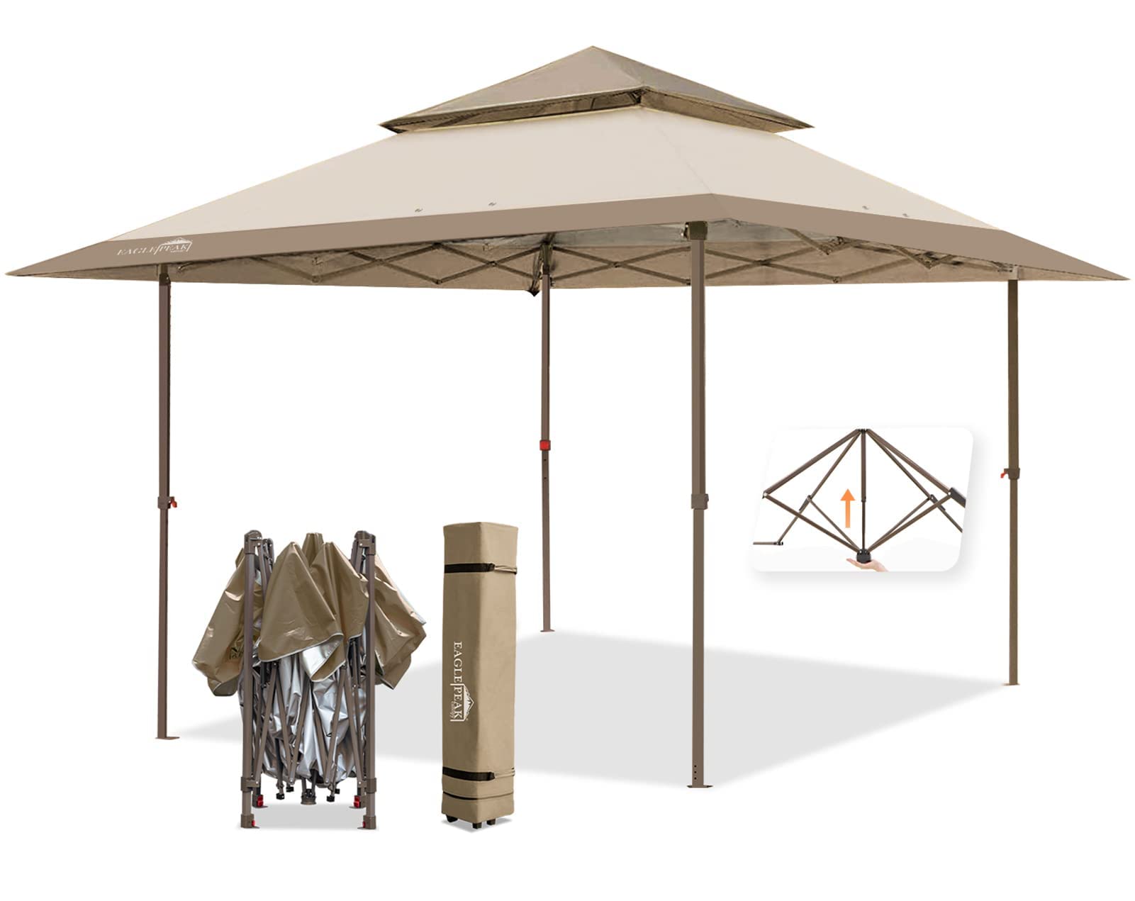 EAGLE PEAK 13x13 Straight Leg Pop Up Canopy Tent Instant Outdoor Canopy Easy Single Person Set-up Folding Shelter w/Auto Extending Eaves 169 Square Feet of Shade (Beige)